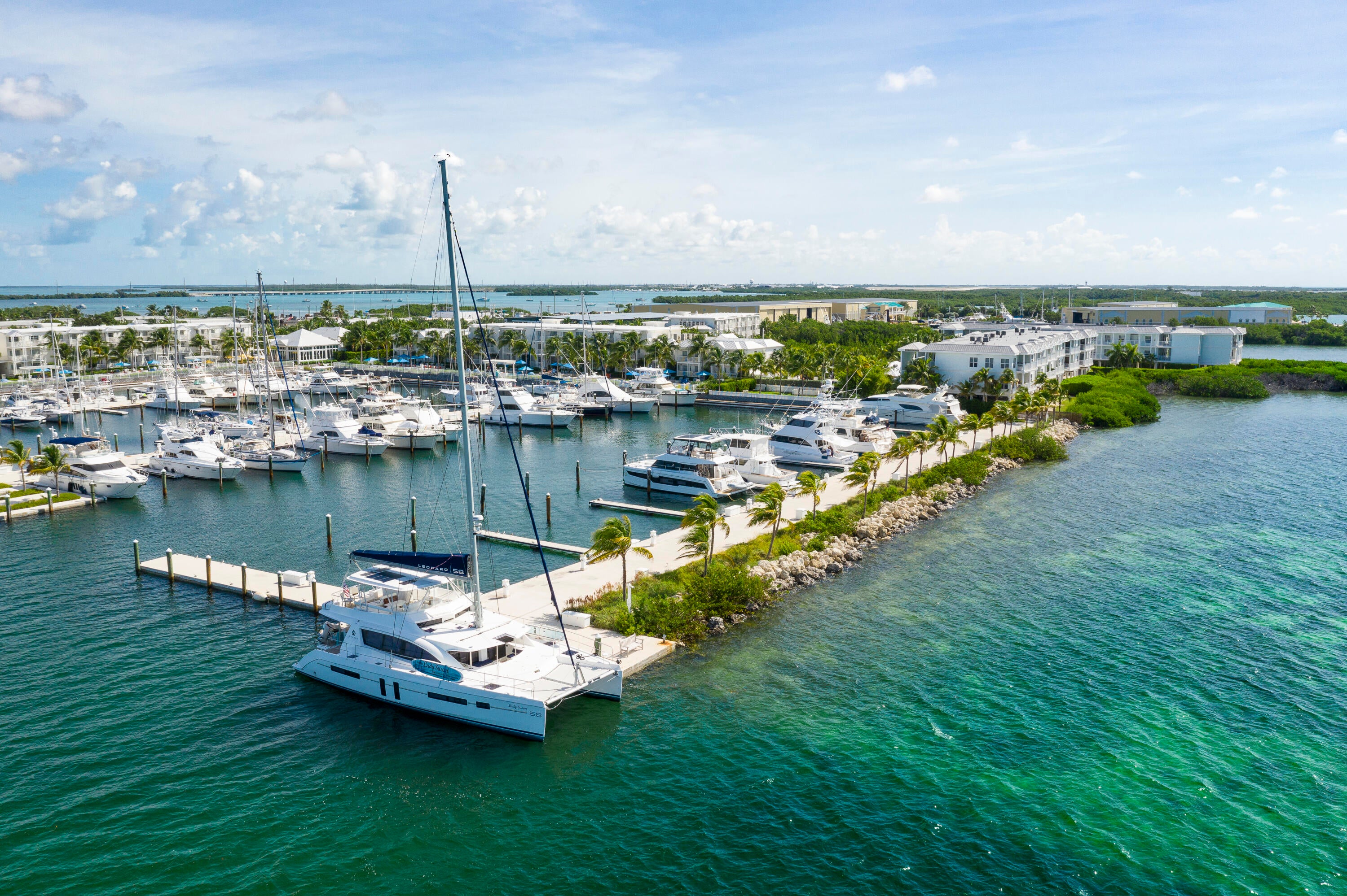 Aerial view of boats and yachts in a marina in the Florida Keys