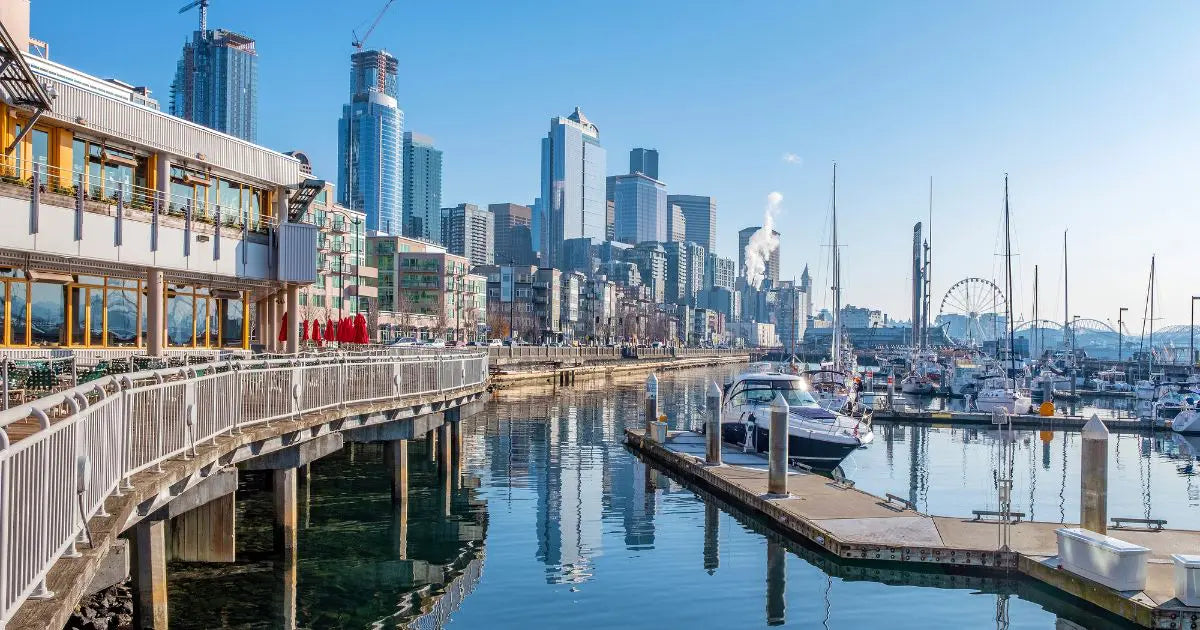 Seattle skyline above a waterfront marina on Elliott Bay